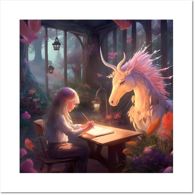 The Enchantment of Fantasy: A Magical Journey with a Dreaming Unicorn and an Adventurous Child in a Dream World Wall Art by insaneLEDP